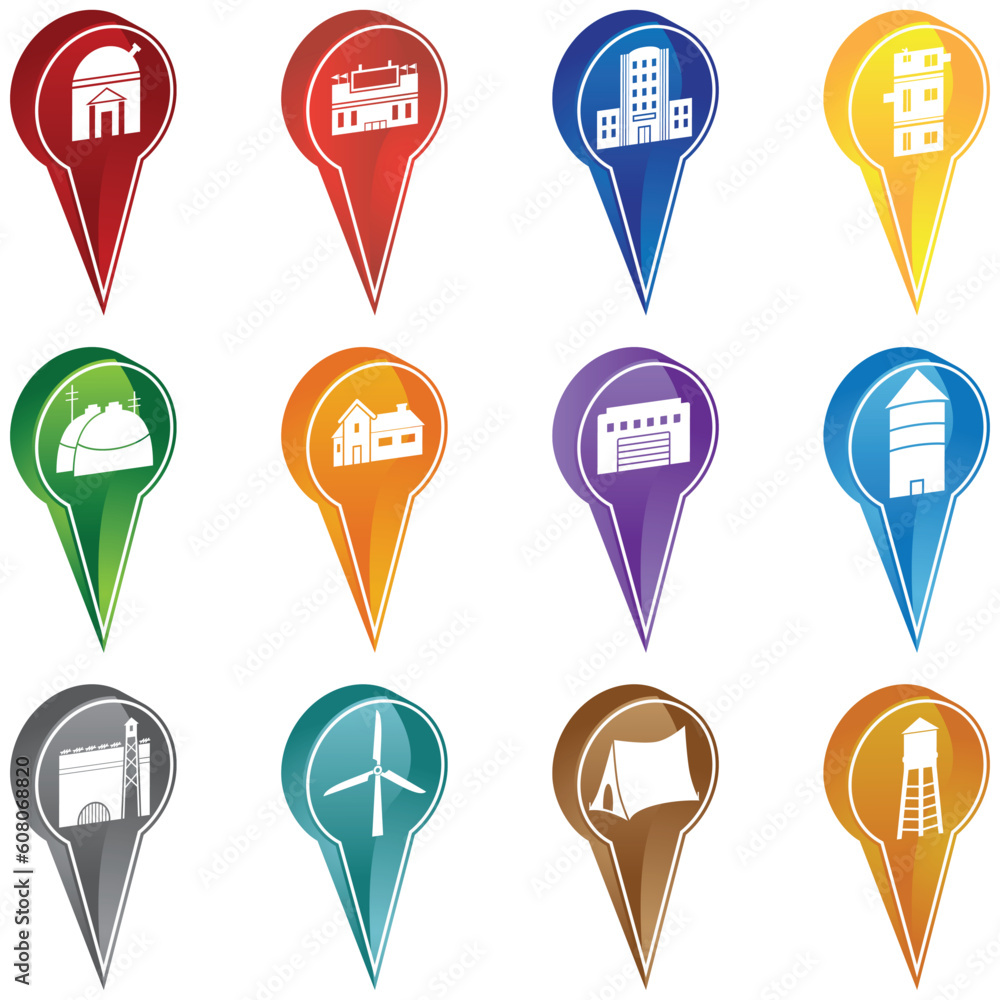 Poster set of 12 3d building icons used as marking points.