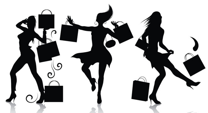 Vector silhouettes of shopping girls