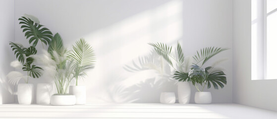 Abstract white studio background with shadows of window. Empty 3d room with plants. White background. Display product with blurred background.