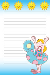 Notepad with girl in inflatable pool toy.