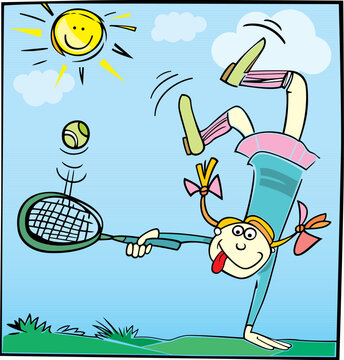 cartoon illustration of funny little girl playing tennis