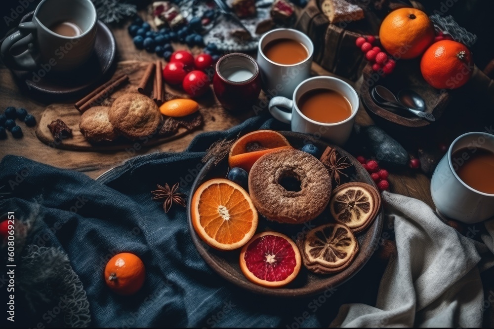 Poster breakfast table with a colorful assortment of fruits and a steaming cup of coffee generative ai