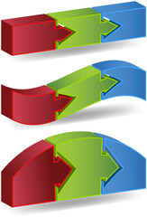 3D diagram showing a three phase event in different styles.