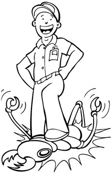 Cartoon image of exterminator killing termites - black and white.