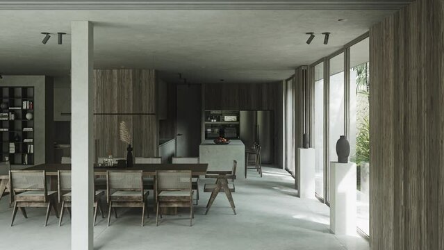 Minimalistic laconic room with dining area with concrete colored walls and large wooden table with panoramic windows overlooking neteras of house and spotlights in ceiling. Loft style interior.