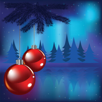 Christmas red balls and stars on blue background