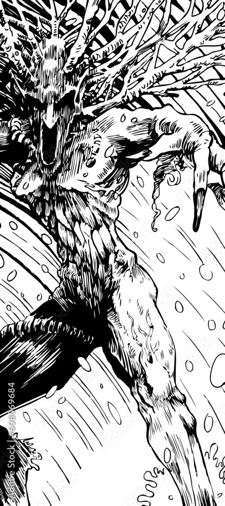 Poster hand drawn image of a creature in the shape of a tree.