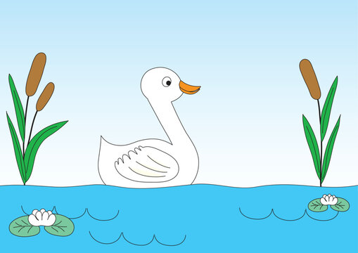 Duck on lake with canes and water-lilies. Children's drawing.