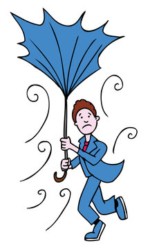 Man faces bad weather with broken umbrella.