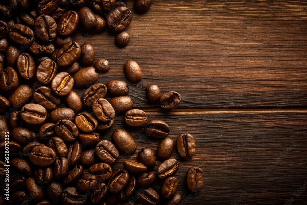 Poster rustic coffee bean display on a wooden tabletop generative ai