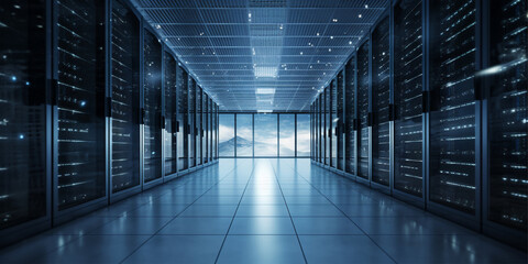 Fototapeta premium Server racks interior in datacenter Generated Ai