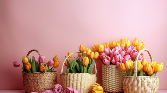Easter egg with baskets filled by tulips and flowers on pink wall. Generative ai illustration