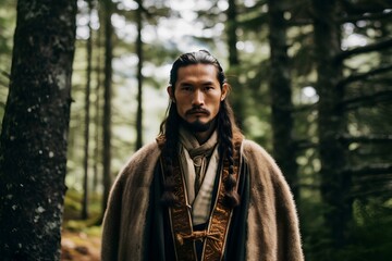 a Ainu tribe stands in a portrait. he adorned in their traditional garments and captivating patterns. generative AI
