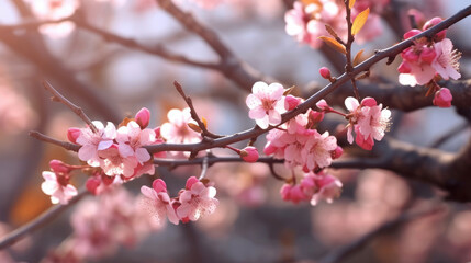 Obraz premium Beautiful peach tree flowers in spring. Delicate pink flowers on a branch in the garden. Generative AI
