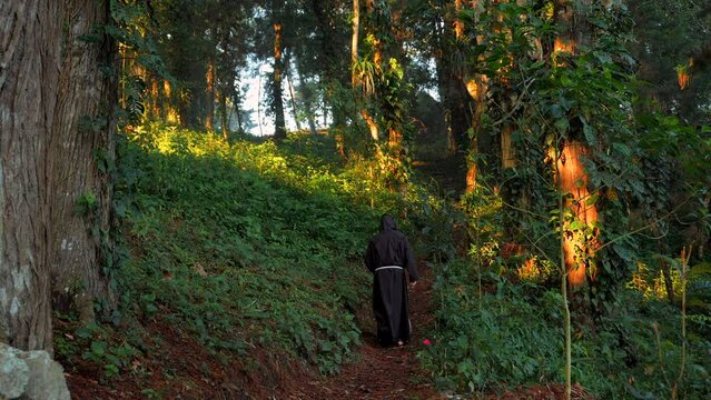 monje Fraile franciscano religioso cat&oacute;lico meditando orando y rezando caminando por el sendero contemplando la naturaleza en el bosque al amanecer subiendo una cuesta al amanecer