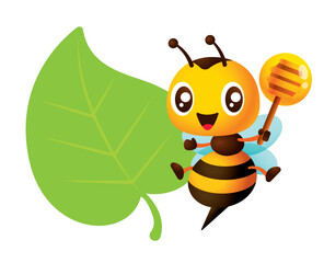 Cartoon cute bee hold honey dipper with empty green leaf shape signboard vector 