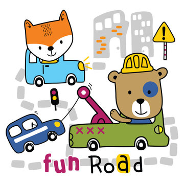 bear and fox on the car funny animal cartoon