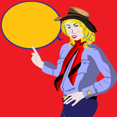 Vector illustration of a cartoon cowgirl pointing a balloon