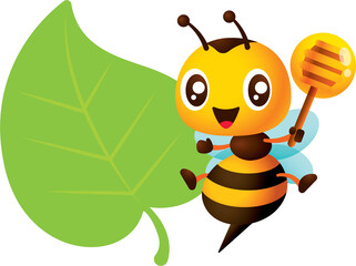 Cartoon cute bee hold honey dipper with empty green leaf shape signboard illustration