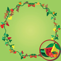 Vector illustration of a wreath and fruits on the right corner