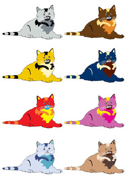 Vector illustration of a cat in eight different color sets