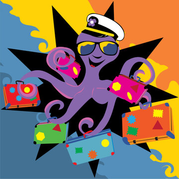 Abstract vector illustration of a smiling octopus with his sunglasses and a captain hat, holding suitcases.