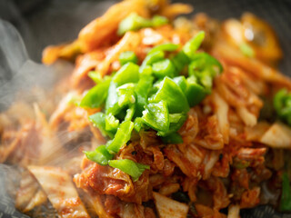 Kimchi fried rice in a pan, stir-fried dishes
