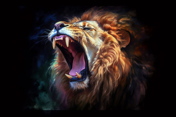 A lion roaring on black background. Generative ai