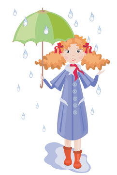 Girl in the blue coat, with umbrella under the rain.