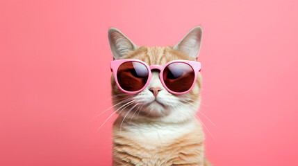 Cute cat wearing pink sunglasses on pink background, generative ai