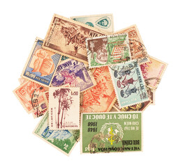 Many old Lao postage stamps on transparent background.
