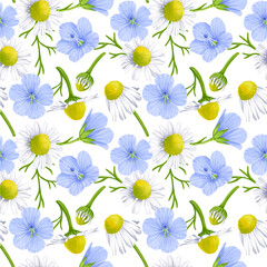 Fototapeta na wymiar seamless pattern with drawing realistic wild chamomile and blue flax flowers, leaves and buds , hand drawn illustration,floral background