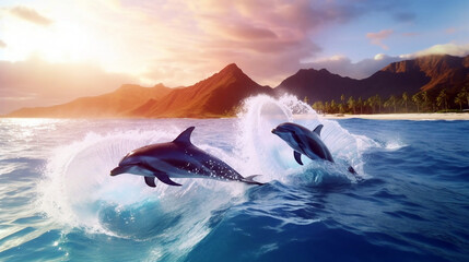 Dolphins jumping out of the ocean at sunset. Generative ai illustration