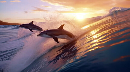 Obraz premium Dolphins jumping out of the ocean at sunset. Generative ai illustration