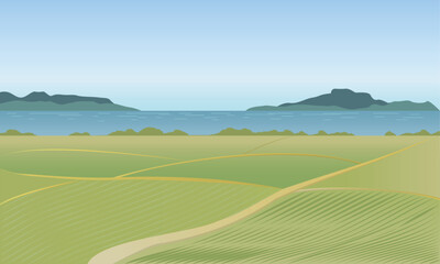 Summer travel sea mountain rice field background vector 