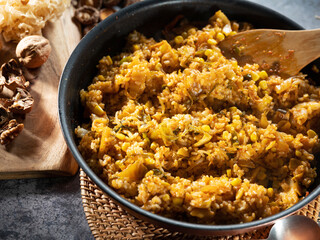 Kimchi fried rice in a pan, stir-fried dishes