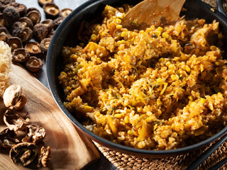 Kimchi fried rice in a pan, stir-fried dishes