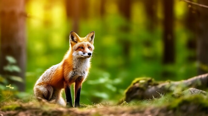Fototapeta premium Red fox standing on a rock in the peaceful forest and looking at something, generative ai illustration