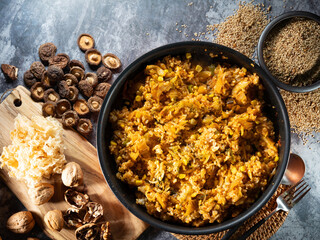 Kimchi fried rice in a pan, stir-fried dishes