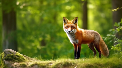Naklejka premium Red fox standing in the peaceful forest and looking at something, generative ai illustration