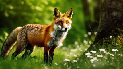 Naklejka na ściany i meble Red fox standing in the beautiful forest and looking at something, generative ai