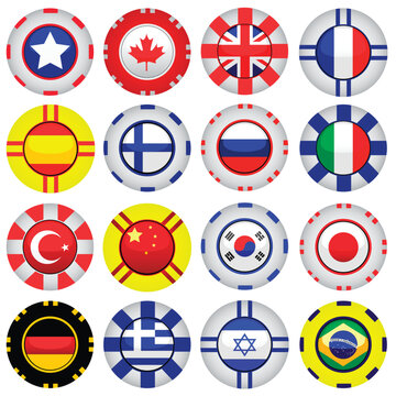 vector set of some flags on casino tokens