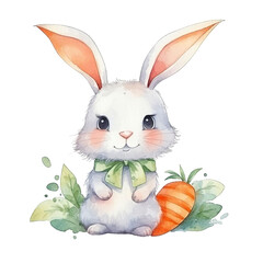 simple Kawaii cute pretty rabbit, carrot,sheet of parts, watercolor,  Transparent background, generat ai