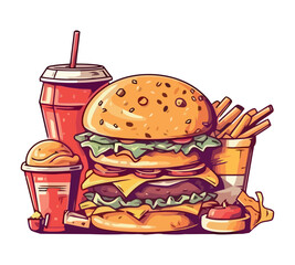 Grilled burger, fries and cola for lunch