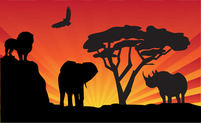Fototapeta na wymiar vector african landscape with different animals and sunrise