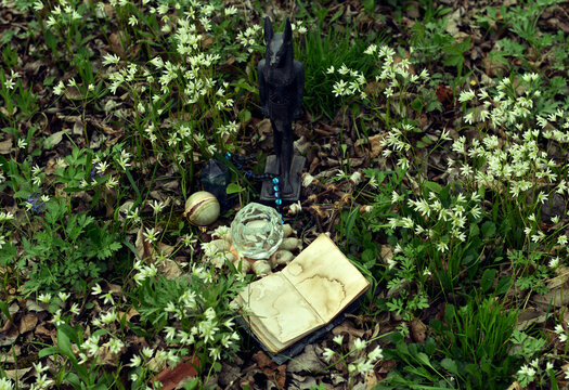 Anubis gos figurine with open book of spells and crystal in the garden. Occult, esoteric and divination still life. Mystic outside background with vintage objects