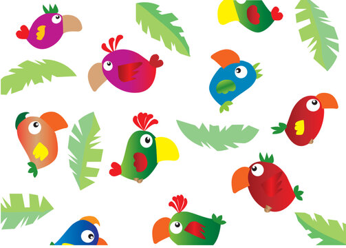 vector background with funny parrots and palm leaves