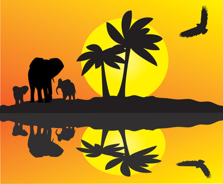 vector african landscape with elephants and reflection