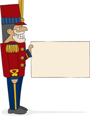 A traditional military-style nutcracker holding a sign waiting for your message. Hand-drawn in loose style with charcoal outline and painted in bright vibrant colors. Outline and color on separate lay