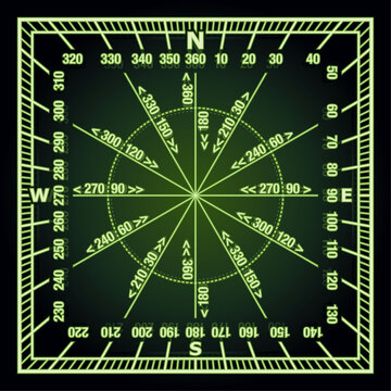 Glowing In The Dark Green Navigation Grid With Direct And Reverse Course Designation. Vector Illustration